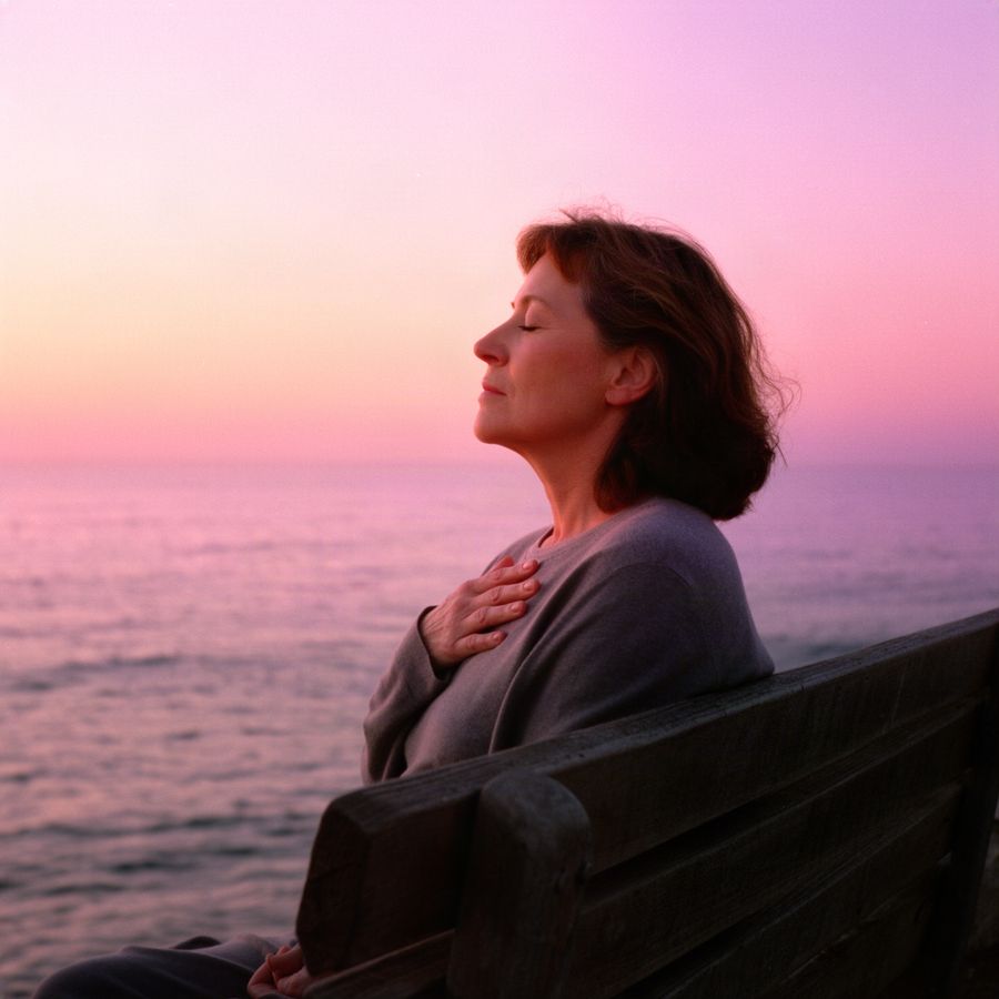 Une femme assise face à la mer à l’aube, les yeux fermés, la main posée sur la poitrine